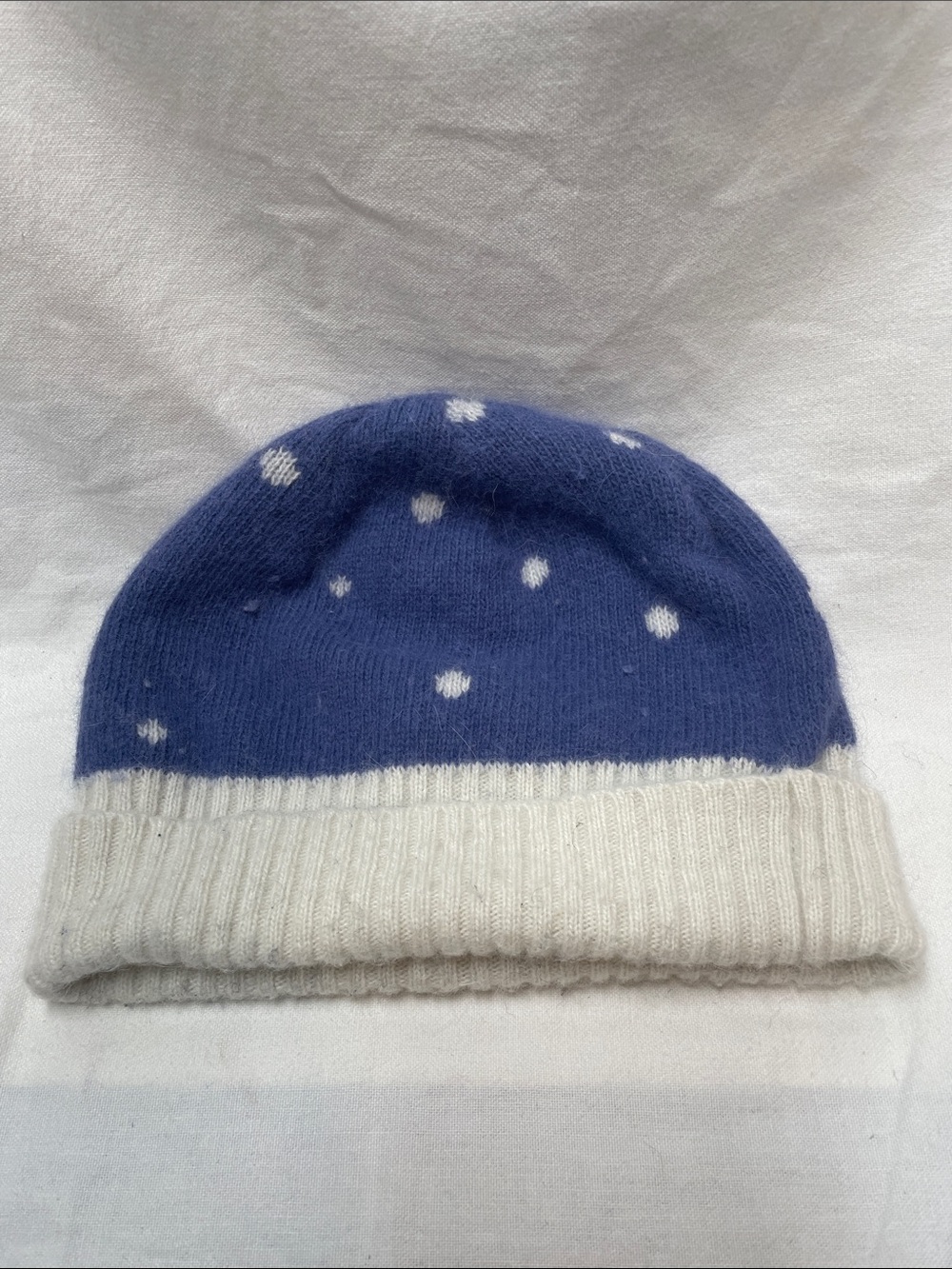 L.L. Bean Angora and Wool Blue and White Polka Dot Fold-Top Beanie